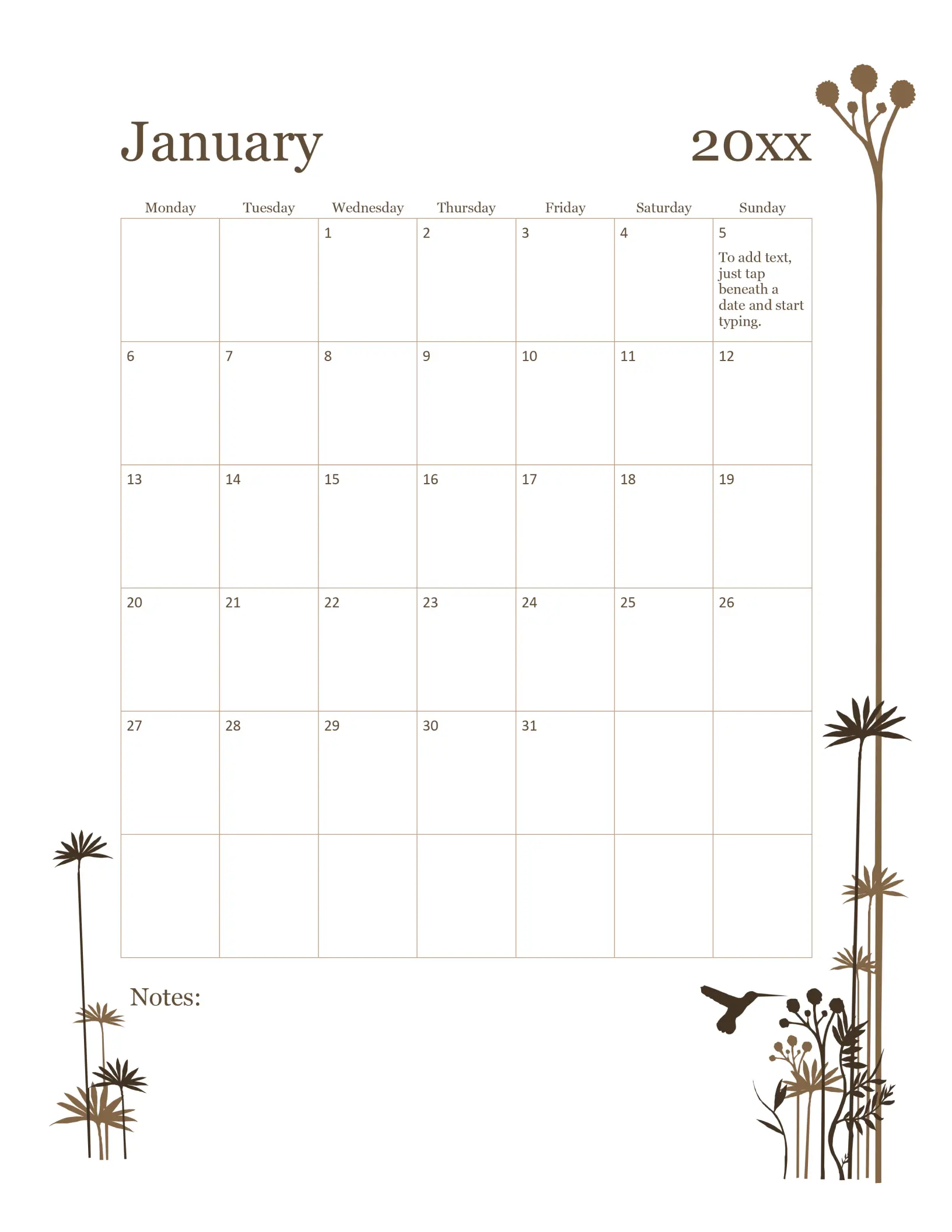 Hummingbird 12-month calendar (Mon-Sun) brown modern-simple