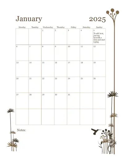 Hummingbird 12-month calendar (Mon-Sun) modern-simple