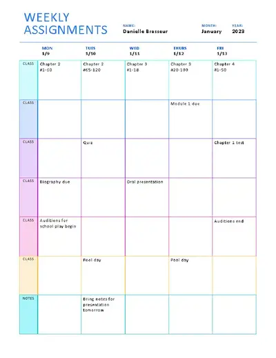 Weekly assignment sheet (color) modern simple