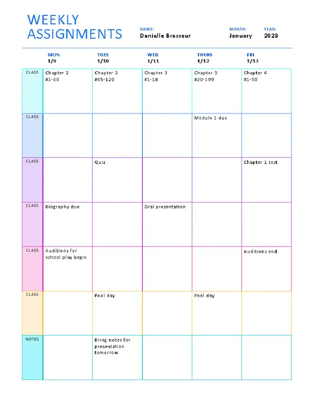 Weekly assignment sheet (color) modern simple