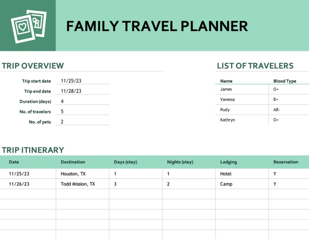 Family travel planner green modern simple