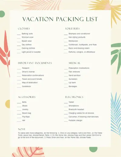 Vacation packing list organic simple