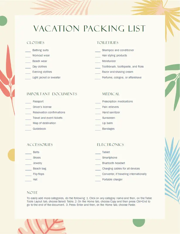 Vacation packing list yellow organic simple