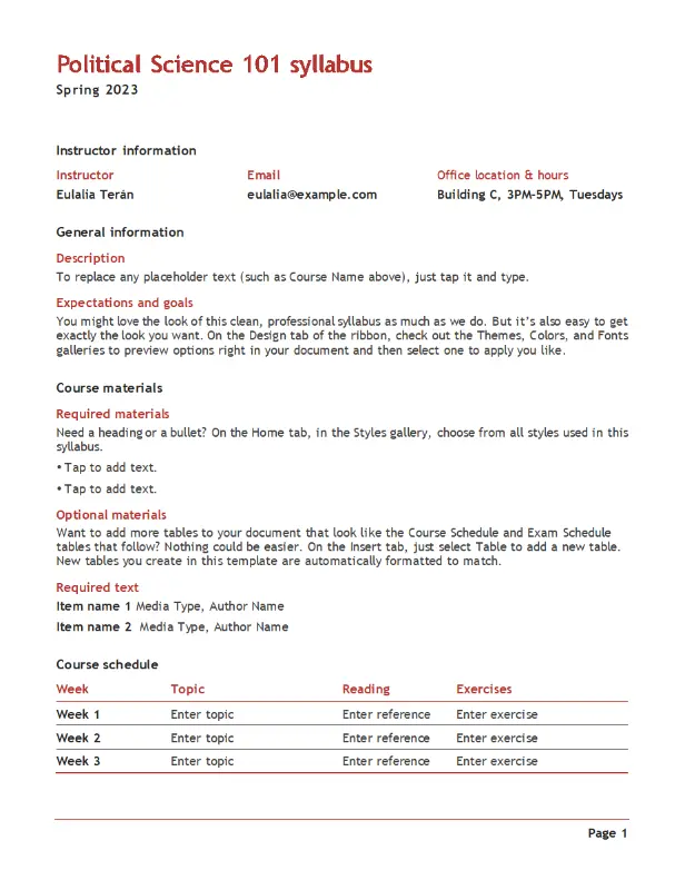 Teacher's syllabus (color) red modern simple