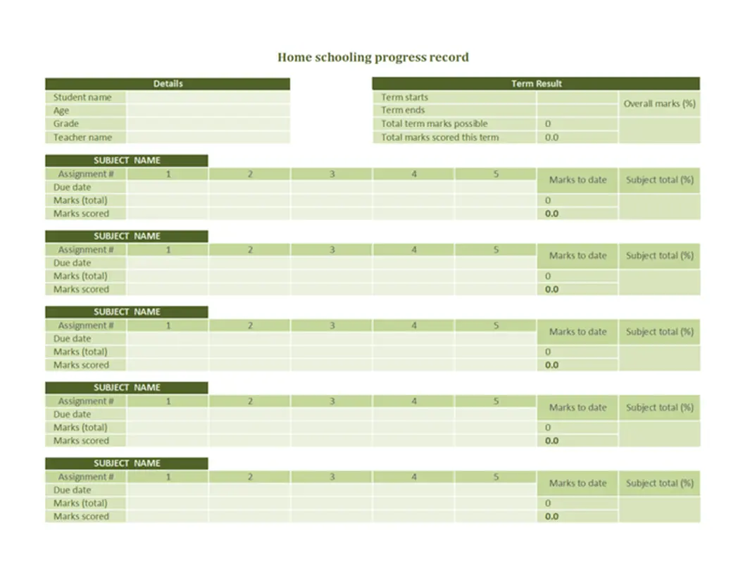 Home schooling progress record modern simple