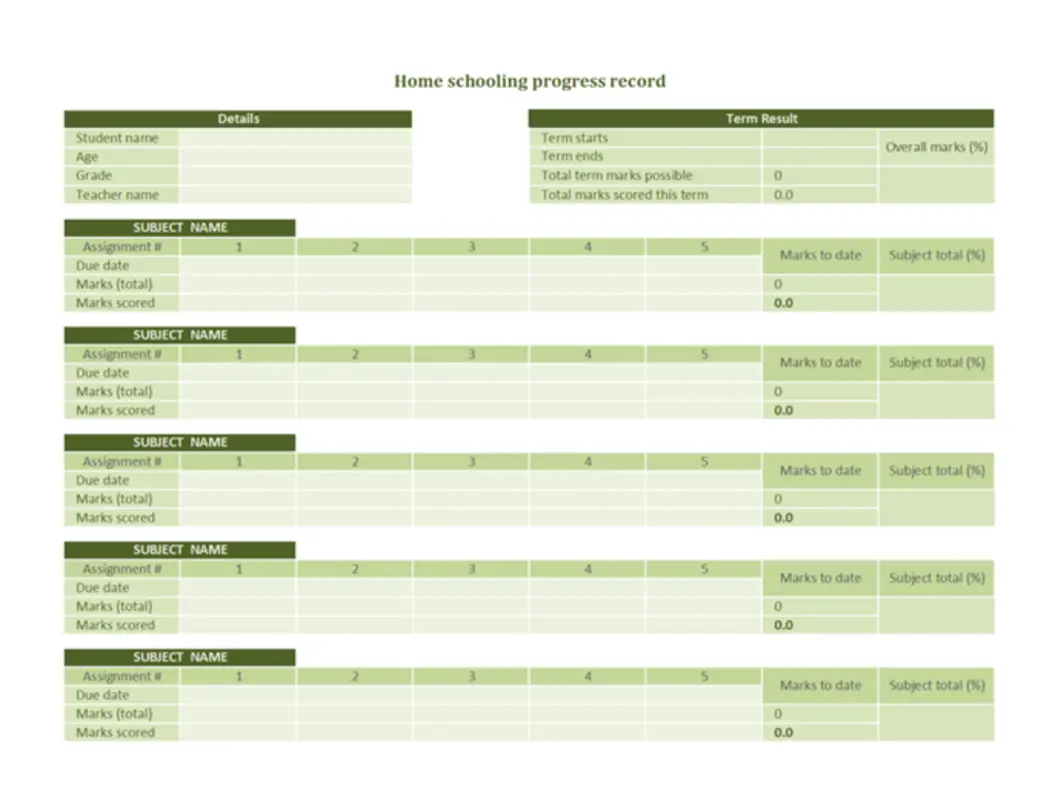 Home schooling progress record green modern simple