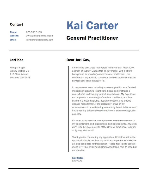 Modern sections professional cover letter blue modern simple