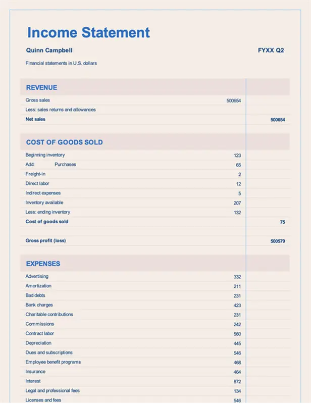 Income statement 1 year modern simple