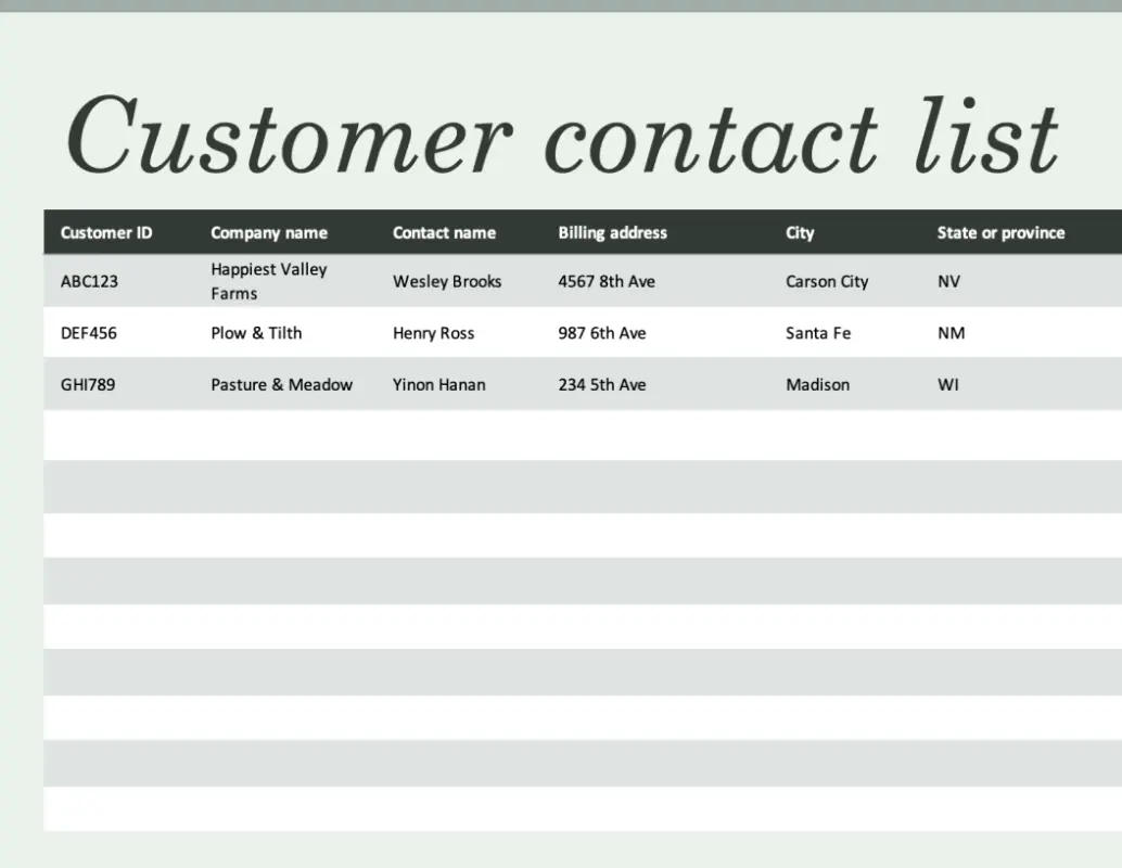 Basic customer contact list green modern simple