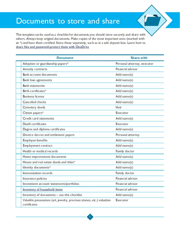 Documents to store and share checklist blue modern simple