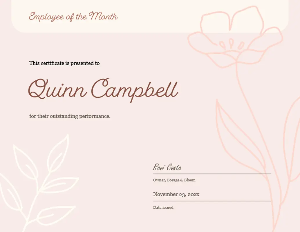 Outstanding employee of the month certificate pink vintage botanical