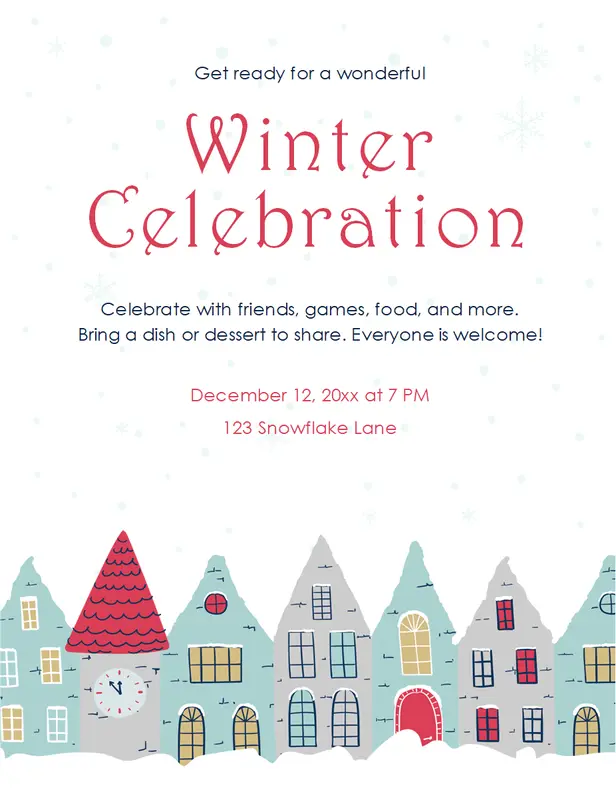 Winter party flyer blue whimsical