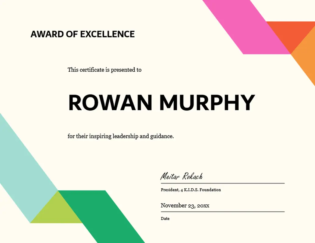 Inspiring excellence award certificate yellow modern geometric linear