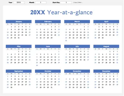 Any year at a glance calendar (landscape) blue modern-simple