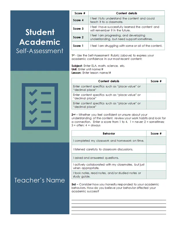 Student academic self-assessment blue modern color block