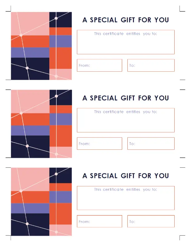 Gift certificates (three per page) blue modern-color-block