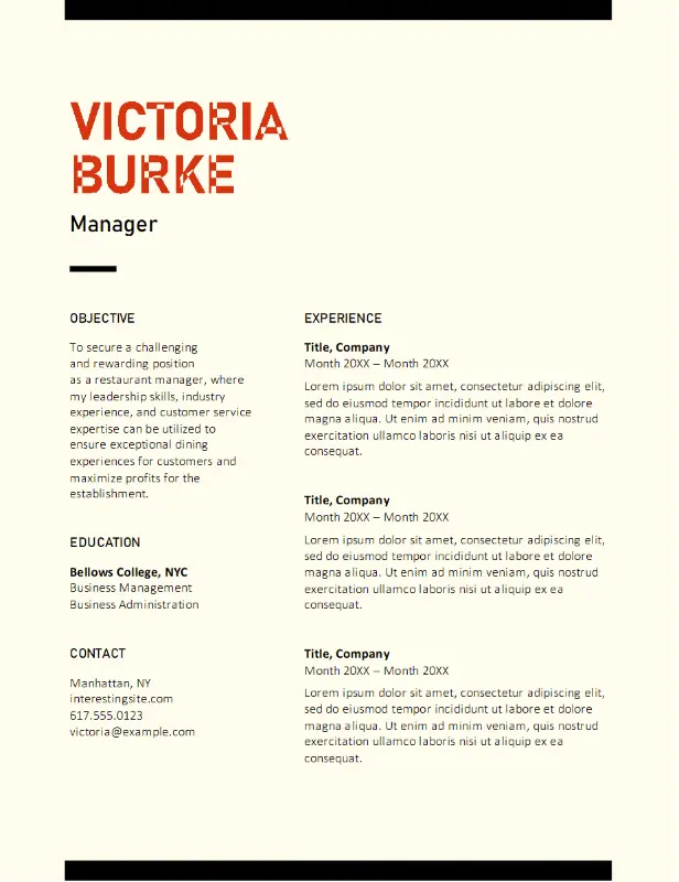 Bold food service resume yellow modern bold