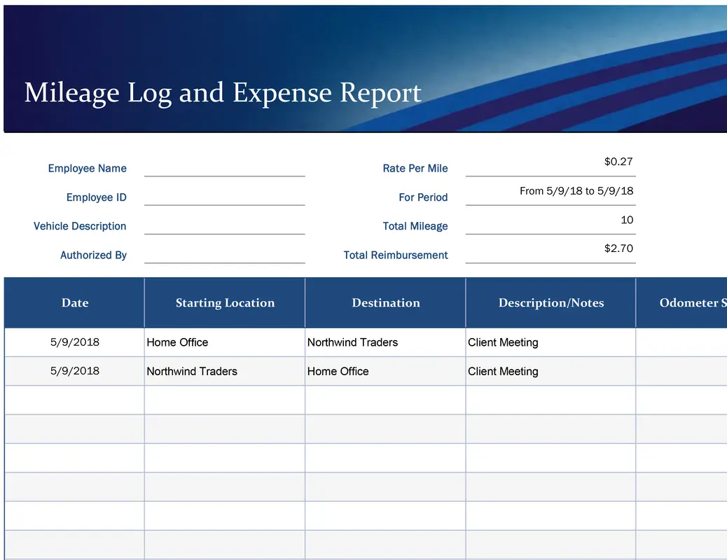 Basic mileage and expense report blue modern simple