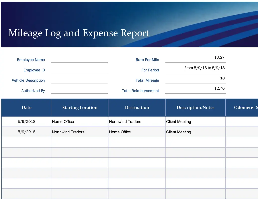Basic mileage and expense report blue modern simple