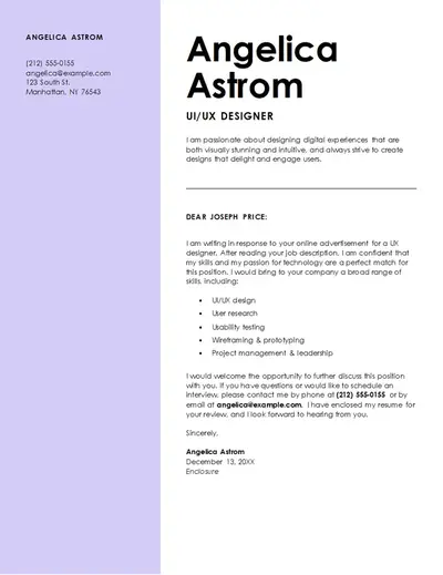 Modern UI/UX designer cover letter purple modern bold
