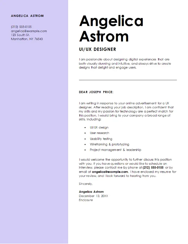 Modern UI/UX designer cover letter purple modern bold