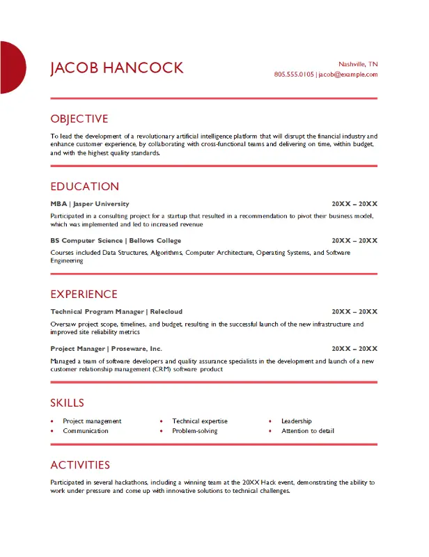 Project management resume modern simple