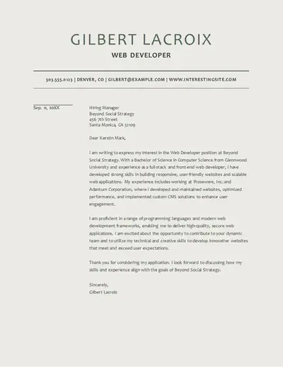 Modern web developer cover letter gray modern-simple