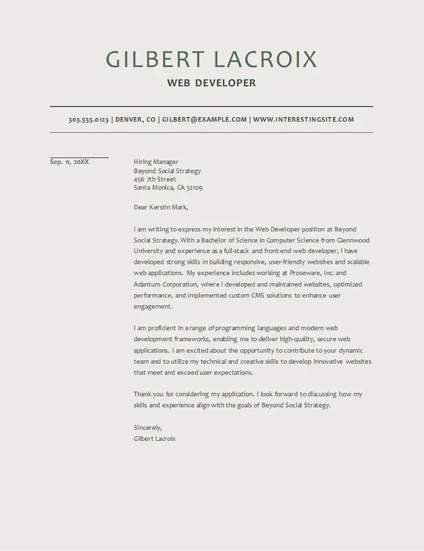 Modern web developer cover letter gray modern-simple