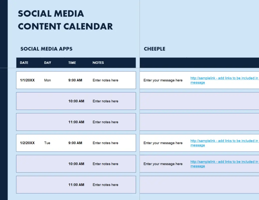 Social media content calendar blue modern simple