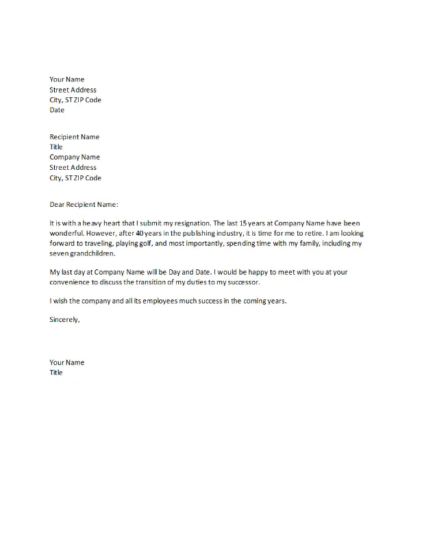 Resignation letter due to retirement modern simple