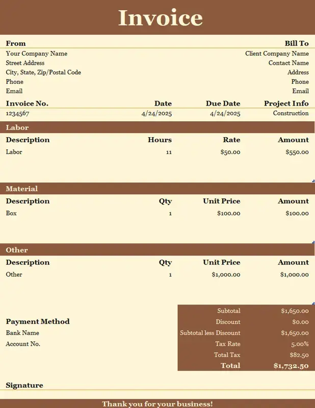 Simple basic yellow & brown timesheet invoice modern simple corporate