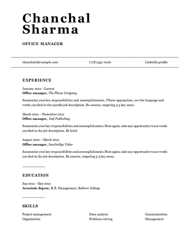 ATS office manager resume modern simple