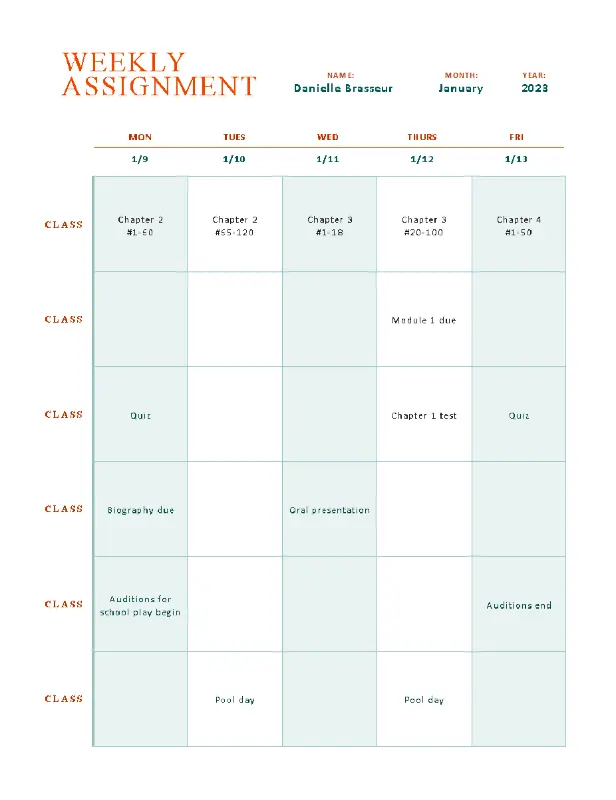 Basic weekly assignment tracker orange modern simple