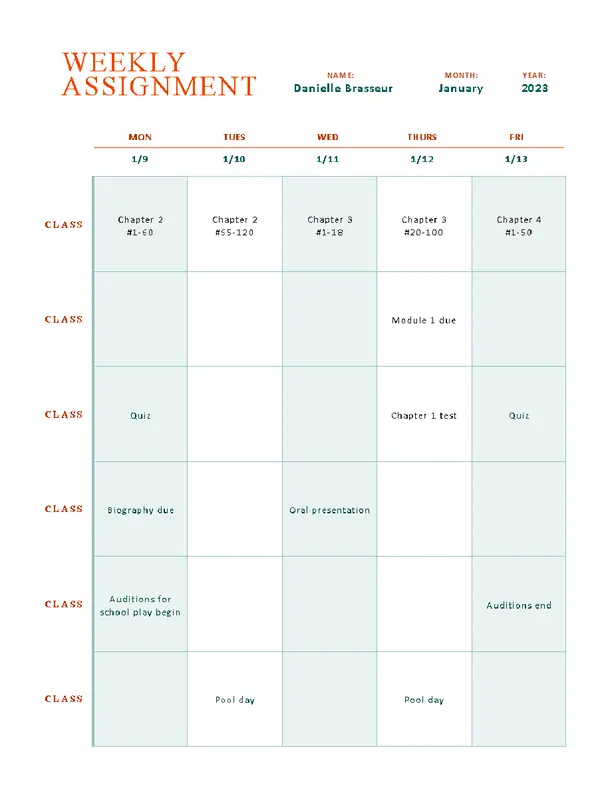Basic weekly assignment tracker orange modern simple
