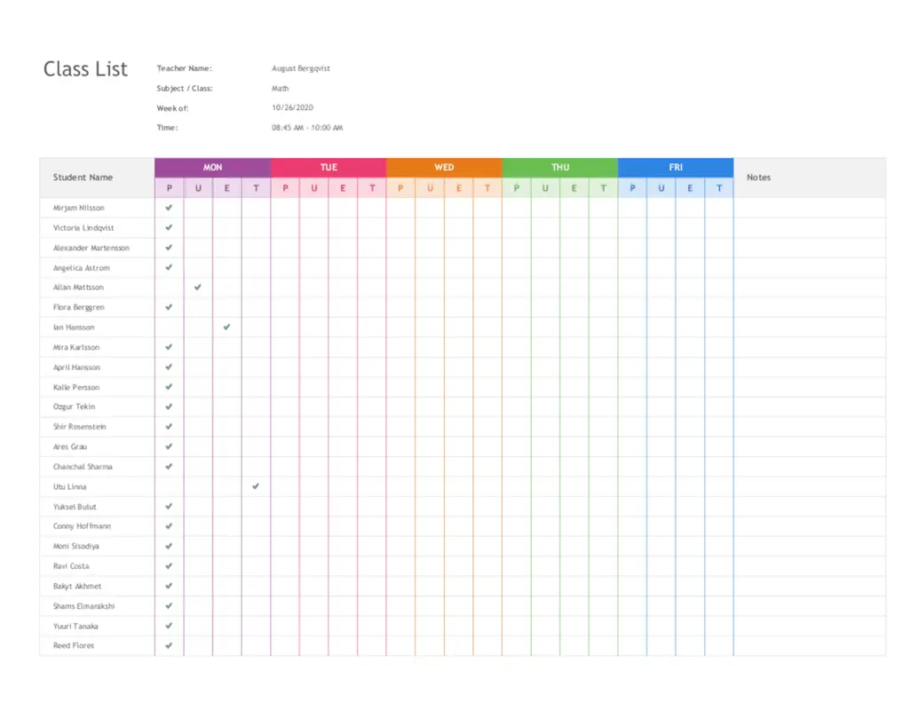 Class attendance list modern simple