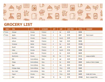 Grocery list (with category totals) modern simple