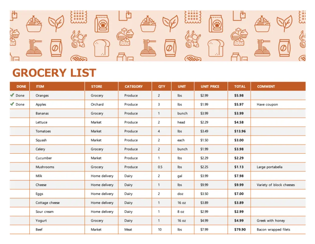 Grocery list (with category totals) brown modern simple