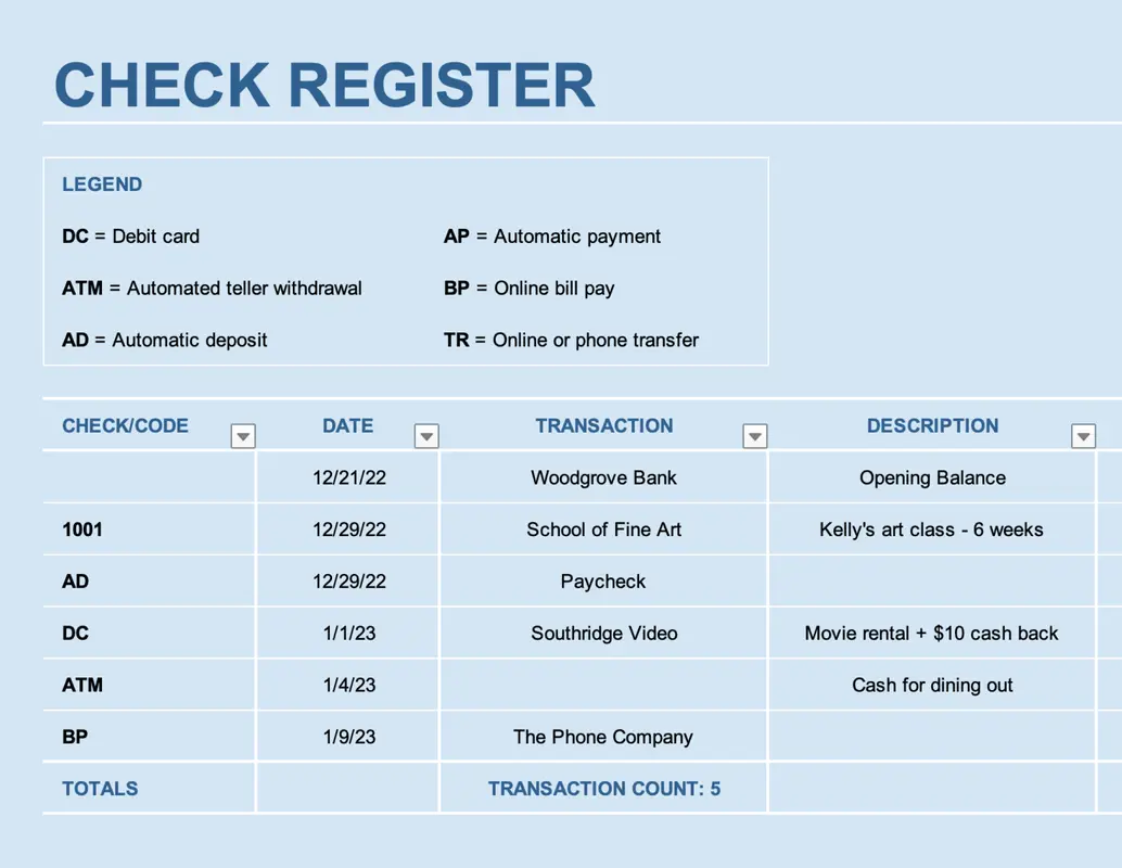 Check register ledger blue modern simple