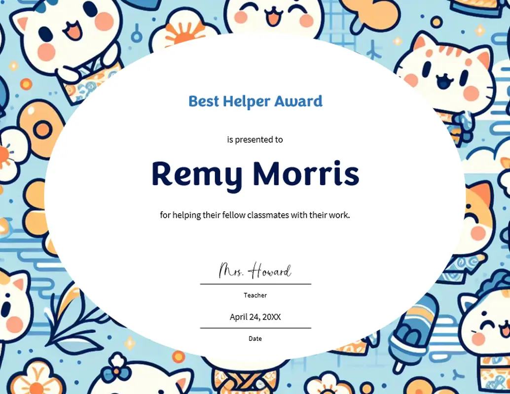 Best helper award certificate blue modern-simple