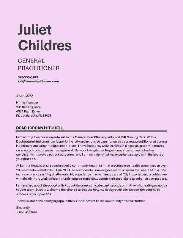 Simple healthcare cover letter pink modern-simple