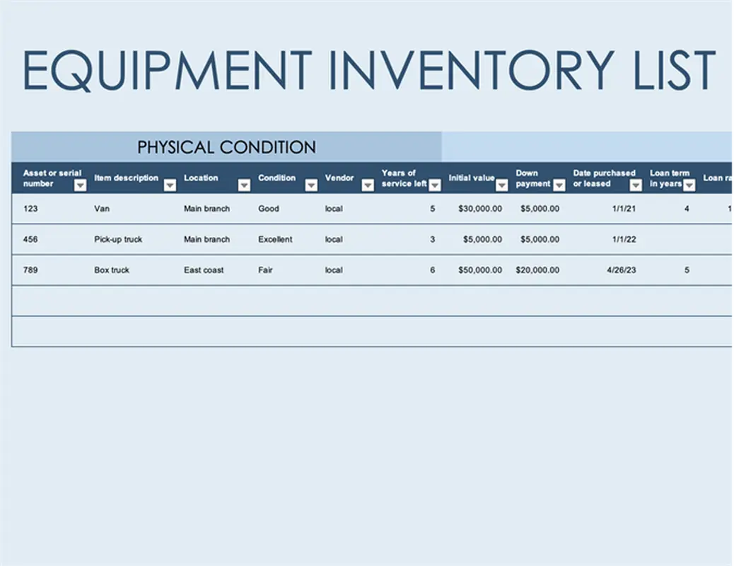 Equipment inventory list modern simple