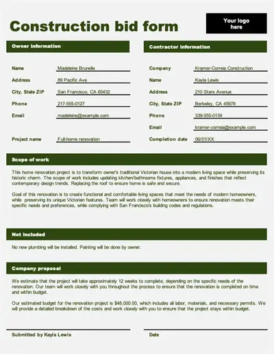 Construction bid form green modern bold