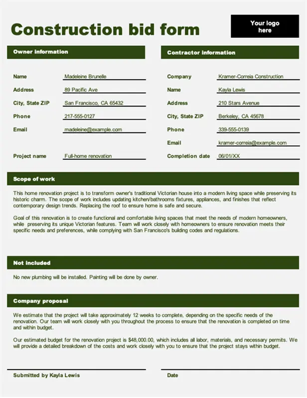 Construction bid form green modern bold