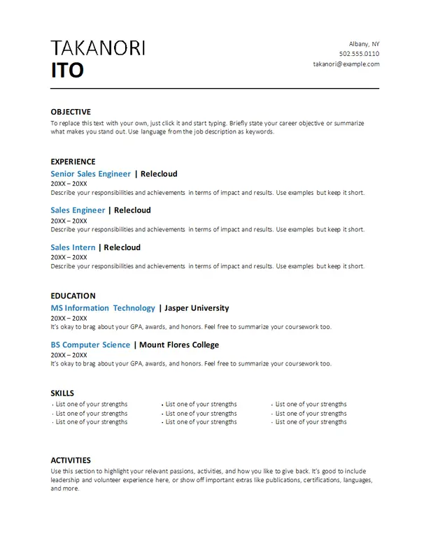 Basic sales resume white modern simple