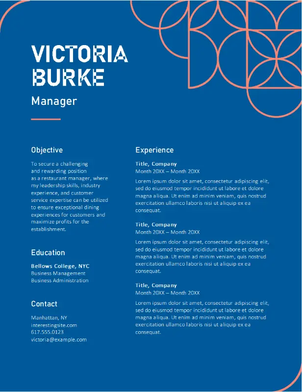 Creative food service resume blue modern geometric