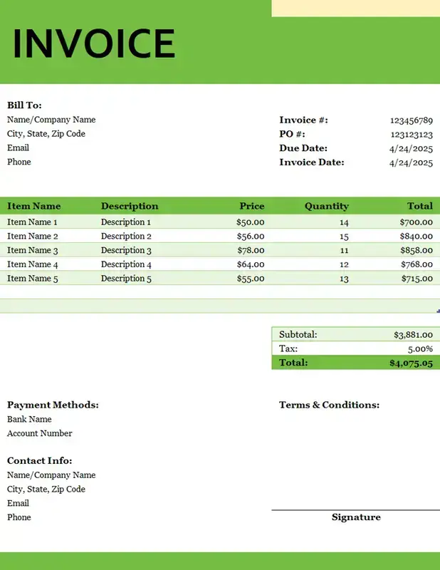 Simple corporate green & yellow standard invoice green modern simple corporate