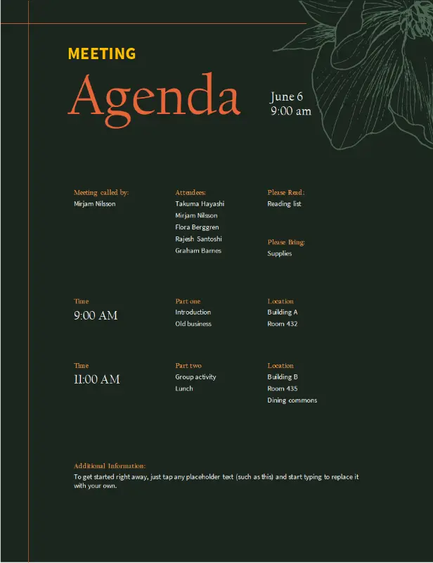 Meeting agenda green vintage floral