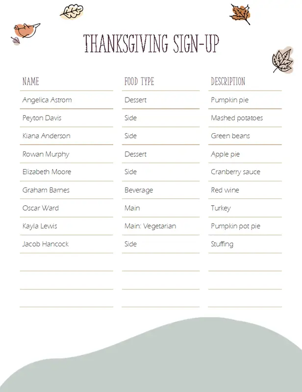 Thanksgiving sign-up whimsical line