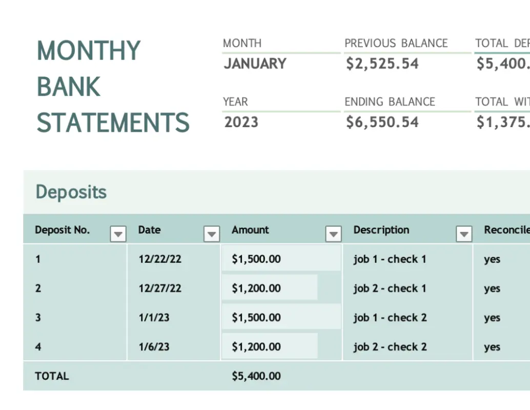 Monthly bank reconciliation green modern simple