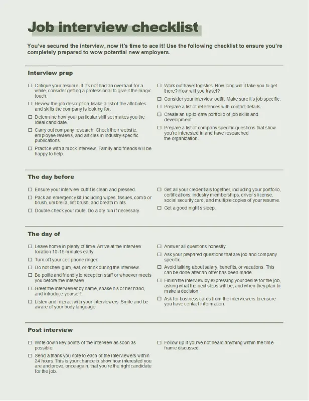 Job interview checklist green modern simple